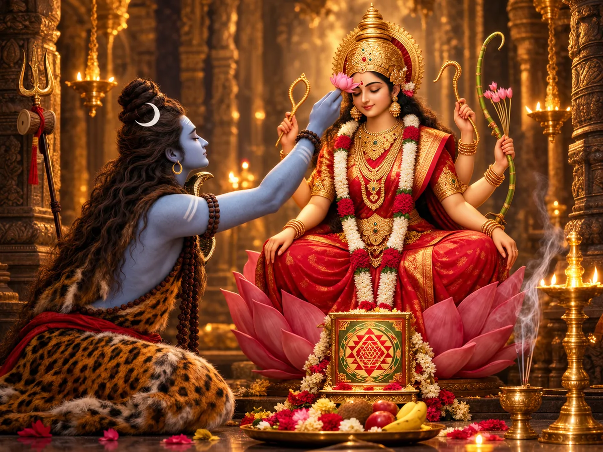 Kaula tantra worship: Lord Shiva offers a pink lotus to the forehead of Goddess Lalita Tripurasundari, seated on a lotus in front of a Sri Yantra in a lamp lit temple